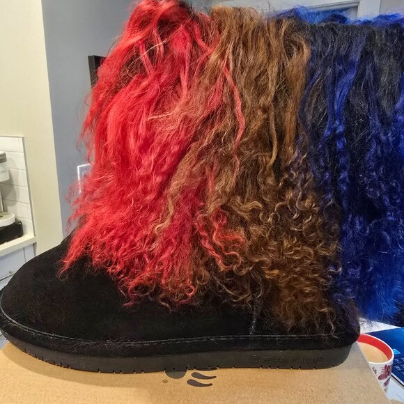 NEW BEARPAW Boo Real Lamb Fur Lined Boots "Rasta" Black / Multi Womens Size 10 - Picture 7 of 13